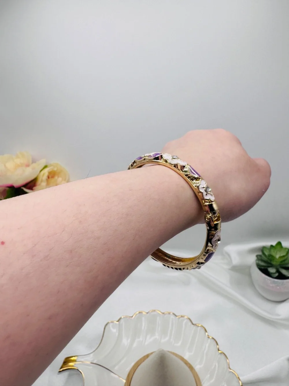 Gold Tone Purple Lotus Flower Enamel Hinged Bangle Bracelet Boho Floral